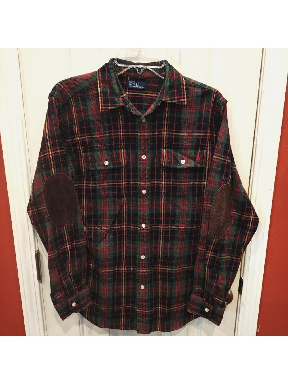 Polo Ralph Lauren Shirt Mens S Plaid Flannel Suede Elbow Patch Long Sleeve